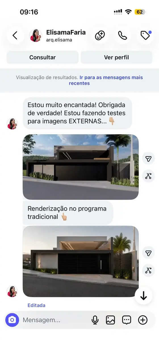 Mensagem de Elisama comparando render tradicional com o resultado da lob.