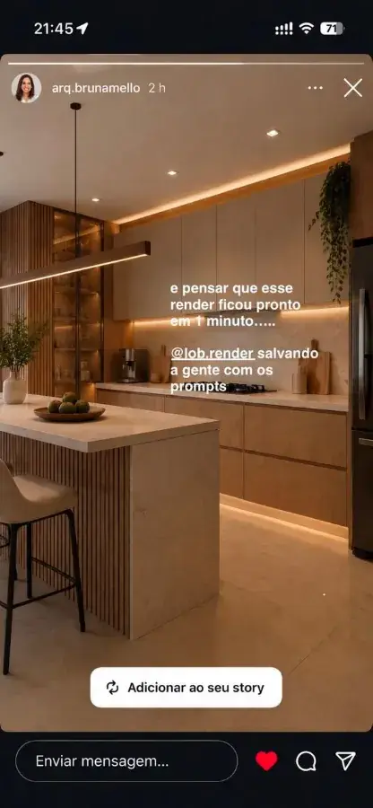 Story de @arq.brunamello: render pronto em 1 minuto