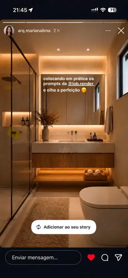 Story de @arq.marianalima com render de banheiro