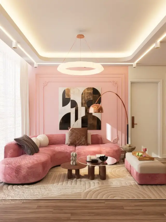 Sala rosa com sofá orgânico