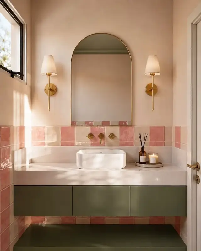 Banheiro com revestimento rosa e marcenaria verde