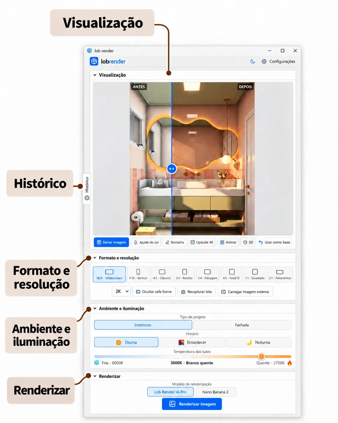 Painel do lob. rendering com visualização antes e depois, histórico, formato e resolução, ambiente e iluminação e botão renderizar