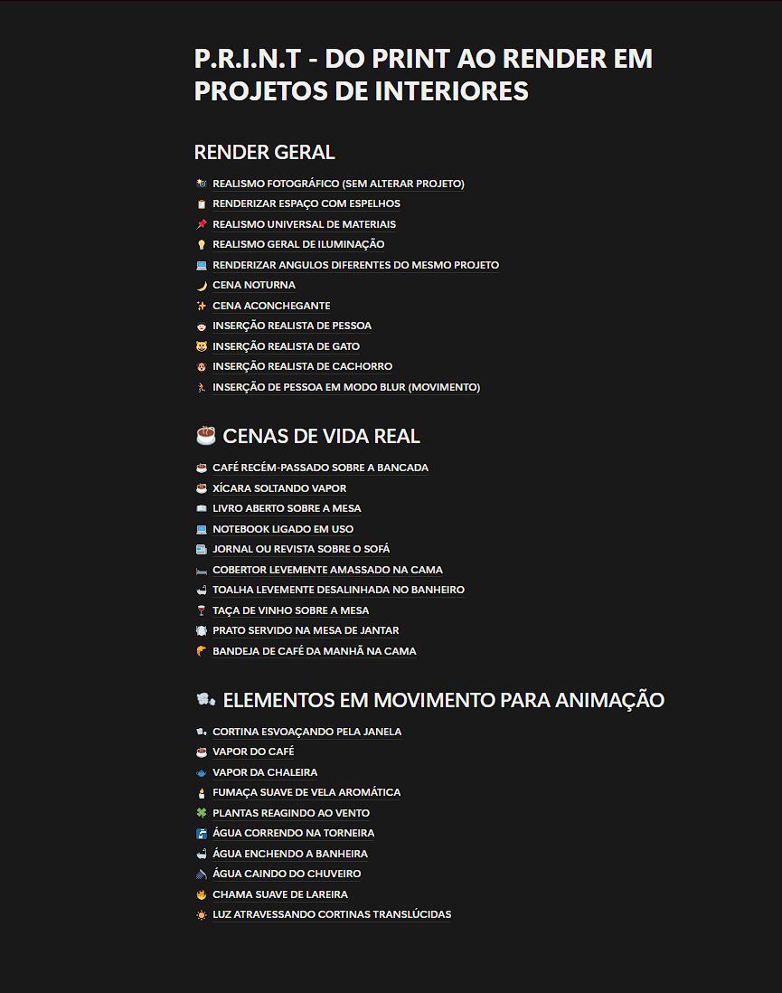 Lista de prompts P.R.I.N.T: Render Geral, Cenas de Vida Real e Elementos em Movimento